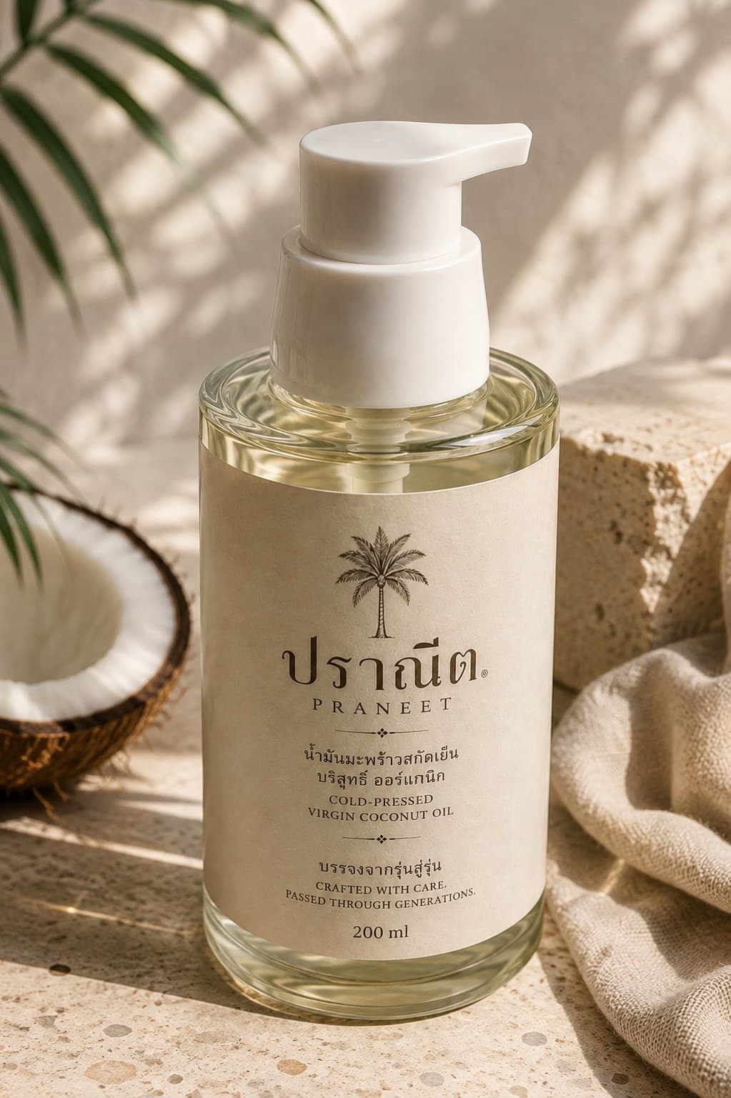 Praneet 200 ml cold-pressed virgin coconut oil pump bottle, on a warm travertine surface with a fresh coconut and palm frond shadow
