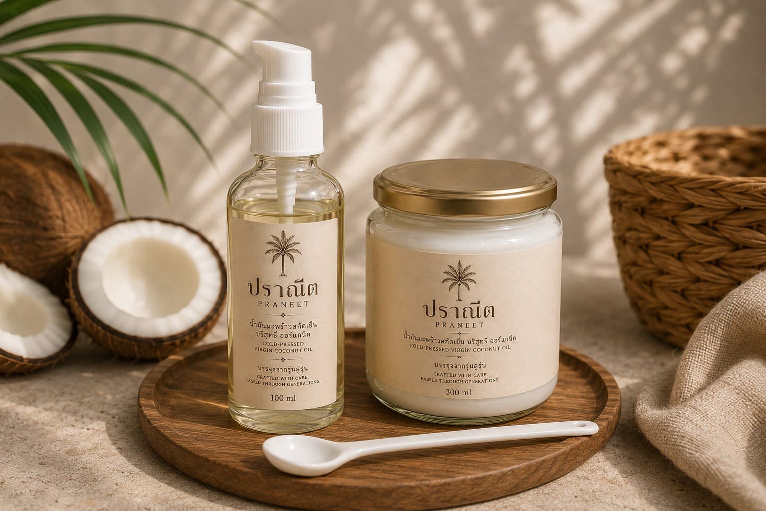 Praneet 100 ml pump bottle and 300 ml glass jar with gold twist lid, arranged with a small white ceramic spoon on a round wooden tray, cracked coconuts and a woven basket in the background under soft daylight